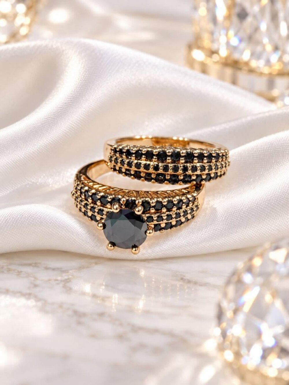 Black Crystal Gold-Tone Two-Piece Ring Set Statement Wedding Rings